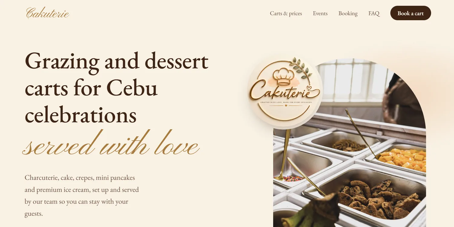 Cakuterie website on a laptop: grazing and dessert carts for Cebu celebrations, with a Book a cart button